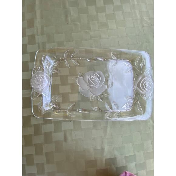 Cristal d'Arques Clear & Frosted Glass Tray with Roses 14 in X 8.25 in France - Picture 6 of 14